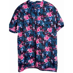 Retro Rifle Hibiscus Floral Hawaiian Shirt Black Pink Button Up Large